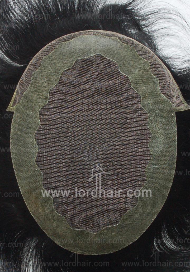 JQ338: French lace with scalloped pu coat perimeter, lace front hair replacement system